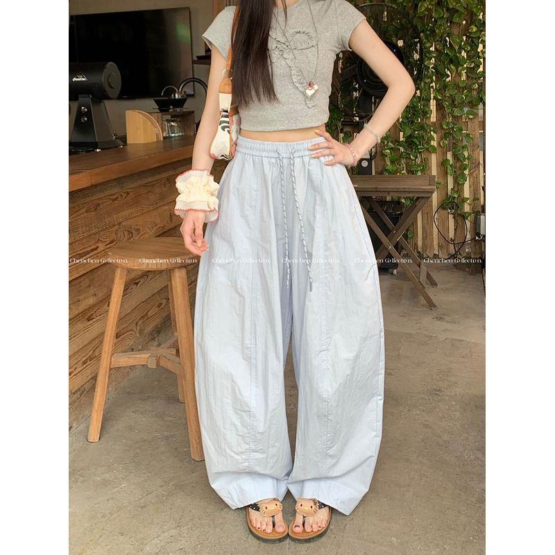 Idle Style Drawstring Matchet Pants Light Blue Casual Pants Women's Autumn Loose Loose Pants Easiest for Match Mop Pants Pants