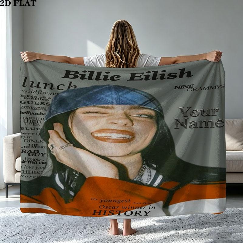 1PC Billie Eilish Custom Name Patterned Flannel Blanket Suitable For All Seasons for Home Decor Warmth and Comfort Gifts Holiday Present