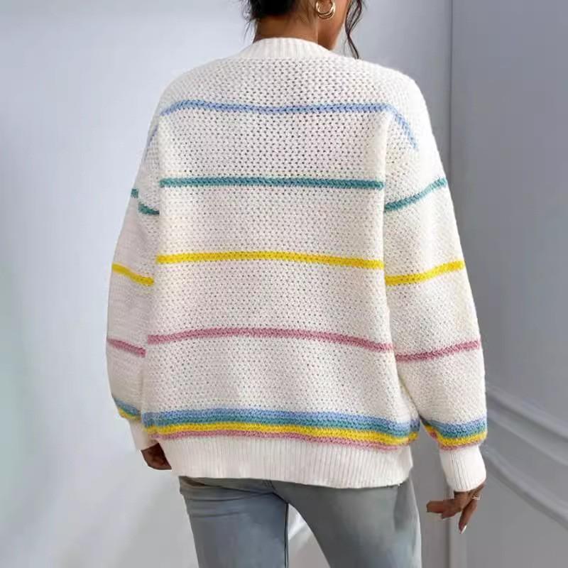 Cárdigan de punto a rayas para mujer, suéter chaqueta casual holgado con cuello en V, mezcla de algodón, ropa de abrigo cálida