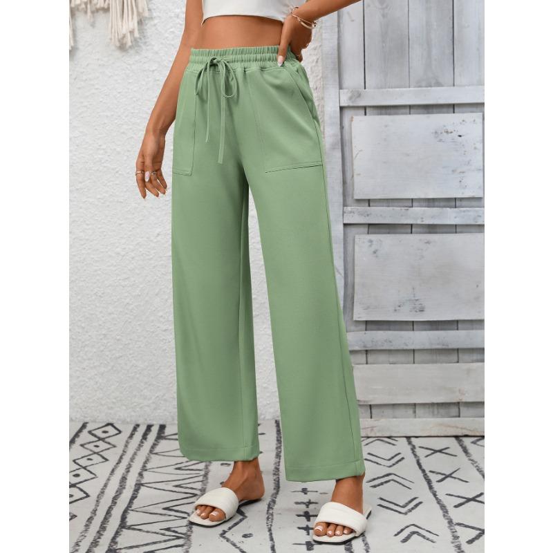 Summer New Women's Casual Drawstring Flowing Trousers Wide Leg Pants with Pockets