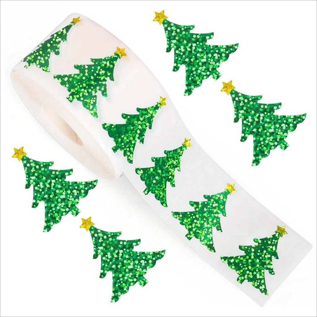 Festive Christmas Tree Stickers Roll-Engraved Self-Adhesive Decals, Durable for Holiday Decor,Envelopes, Journals,Party Supplies