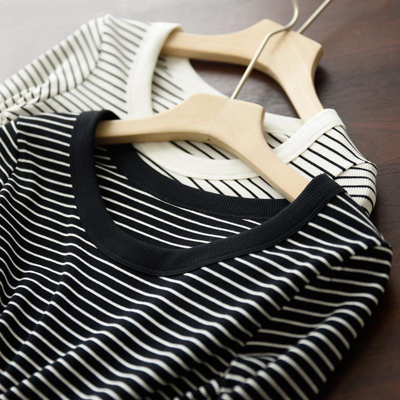 Pure Cotton T-shirt Women's Long-sleeved Striped Base Shirt In Autumn New Round Neck Slim and Versatile Top