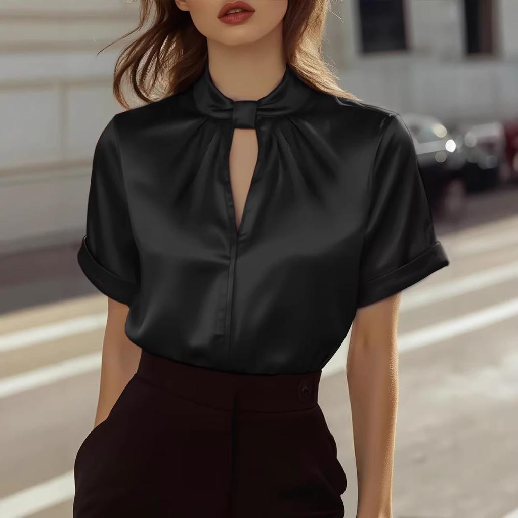 Women Red Satin Keyhole Neck Tie Detail Cuffed Short Sleeve Blouse
