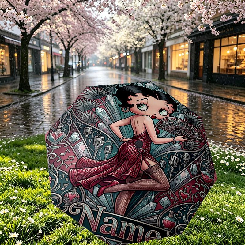Spersonalizowany Parasol z Nadrukiem Betty Boop z Imieniem, Automatyczne Otwieranie i Zamykanie, Wytrzymały Stelaż z 8 Żebrami, do Codziennego Użytku, na Kemping i Piesze Wycieczki, Prezent Urodzinowy