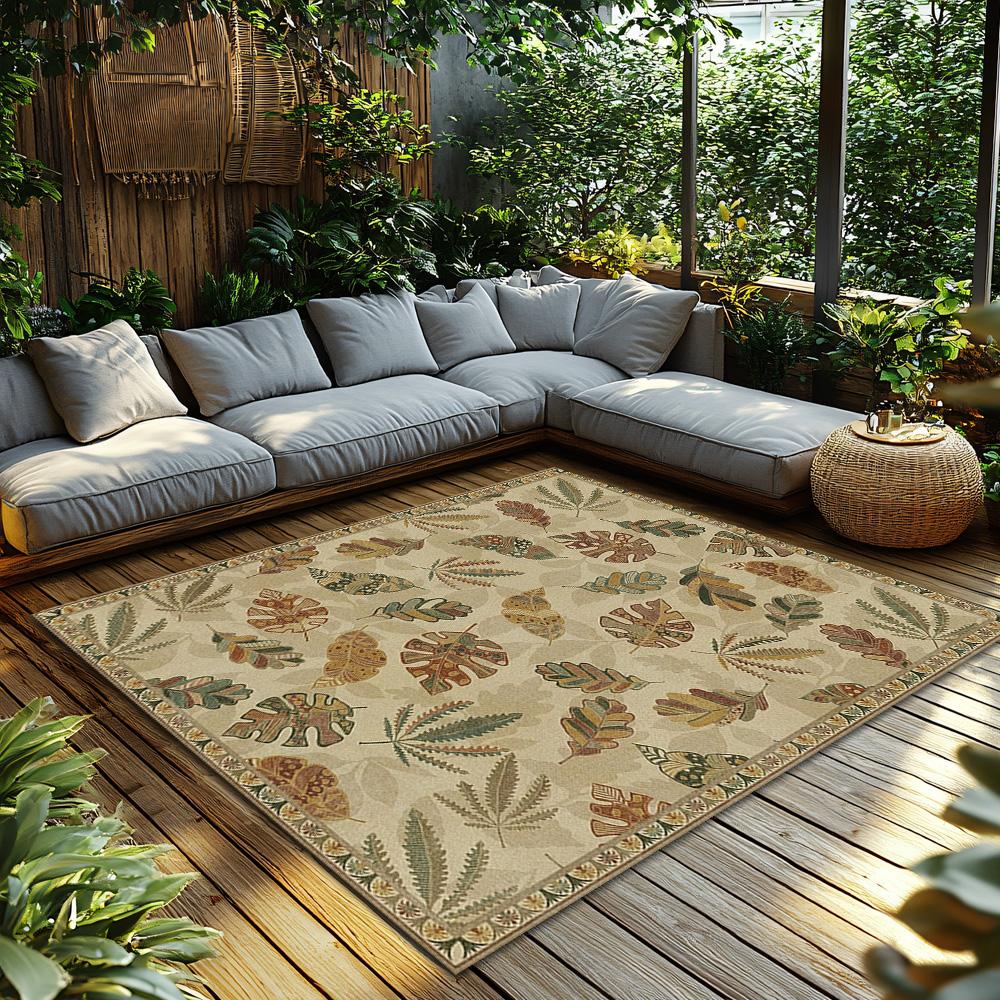 Leaf Pattern Bohemian Area Rug, Natural Tone Non-Slip Carpet, Cozy Living Room Mat for Plant Theme Decor