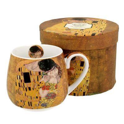 [R6672] - Kubek porcelanowy beczkowy 'Gustav Klimt' brązowy (pocałunek) - 9x9cm (430 ml)