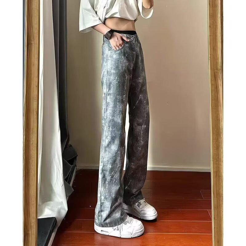 American High Street Snow Pattern Jeans Men's Autumn Niche Design Tie-dyed Pants High Waist Drape Straight and Slightly Pulled Pants
