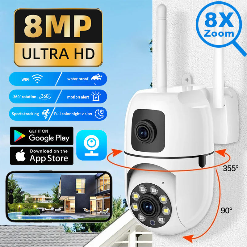 8MP Dual Lens IP Camera Dual Screen WiFi Cameras PTZ Outdoor Color Night Auto Tracking CCTV Security Protection Surveillance Cam