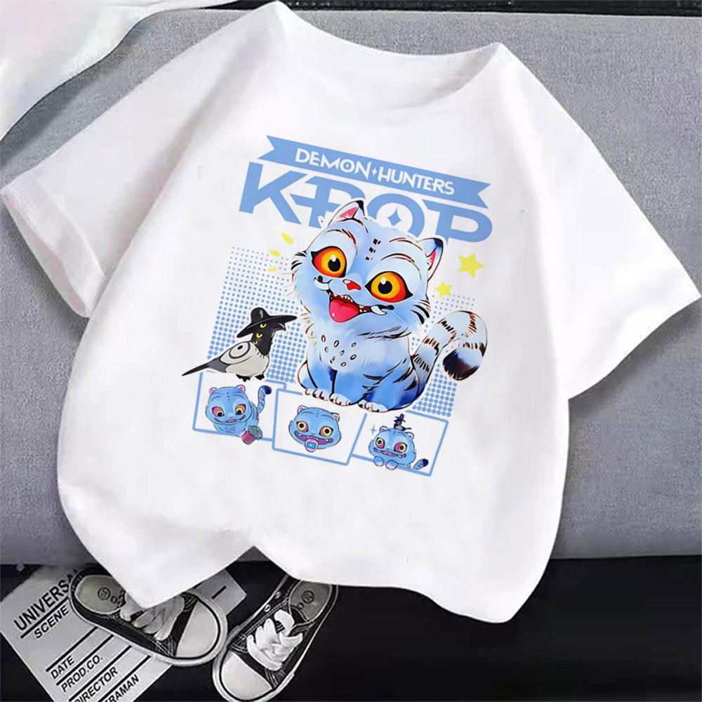 Koreansk Populær Devil Hunter Gutter og Jenter T-skjorte Anime Tegneserie Emoji Trykk Klær Barns Rund Hals Basis T-skjorte Fritidsskjorte