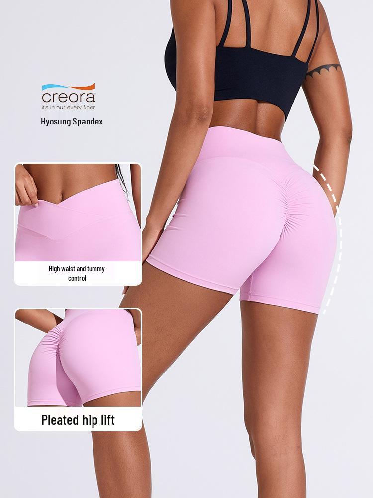 Women's High Waist Pleated Quick-Dry Yoga Shorts - Peach Hip Lifting Fitness Running Pants