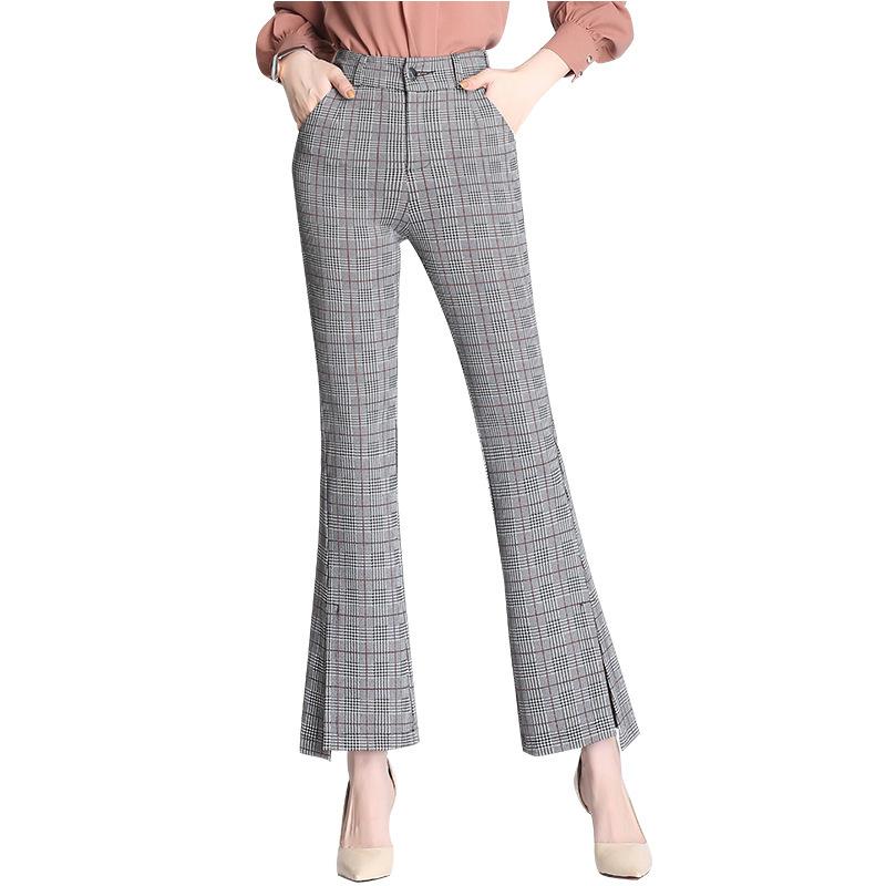 Plaid Flared Pants New Women's Nine-Quarter Pants 2026 Spring Elastic High-Waisted Slim-Fit Flared Pants with Slits