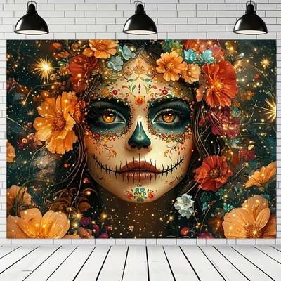 2D Floral Sugar Skull Backdrop for Day of the Dead & Halloween Events