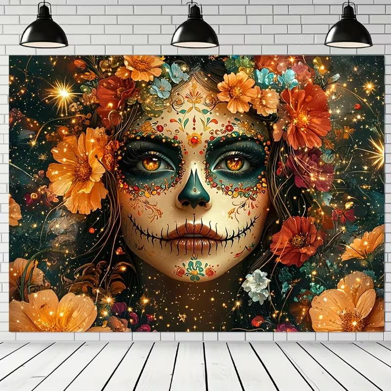 2D Floral Sugar Skull Backdrop for Day of the Dead & Halloween Events