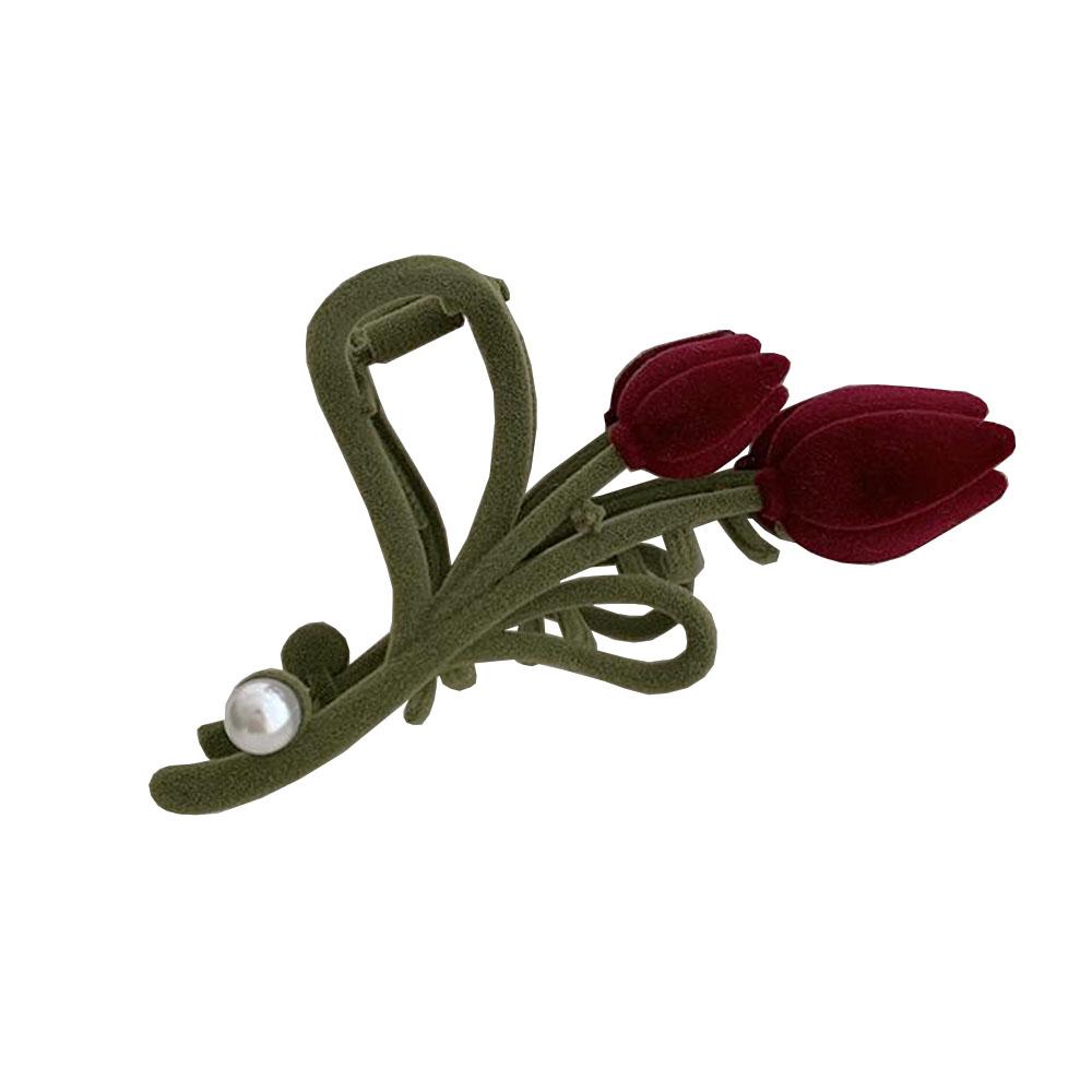 

Элегантная бархатная заколка для волос в виде цветка тюльпана с жемчугом, винно-красная, праздничная, для женщин, модный аксессуар для волос, новинка