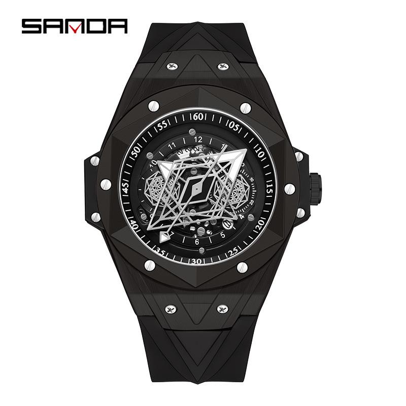 Sanda Men s Geometric Silicone Quartz Watch - Trendy, Creative, Cool Design with Calendar