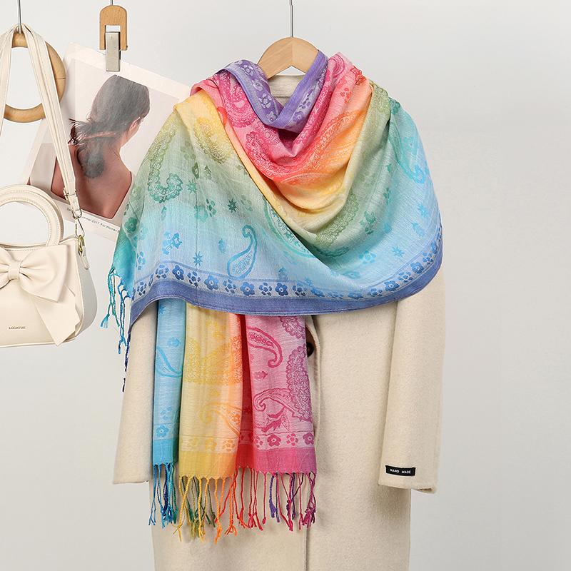 Women Winter Elegant Jacquard Pashmina Imitation Cashmere Scarf Lady Rainbow Color Shawl Thick Warm Wrap Coldproof Blanket Scarf