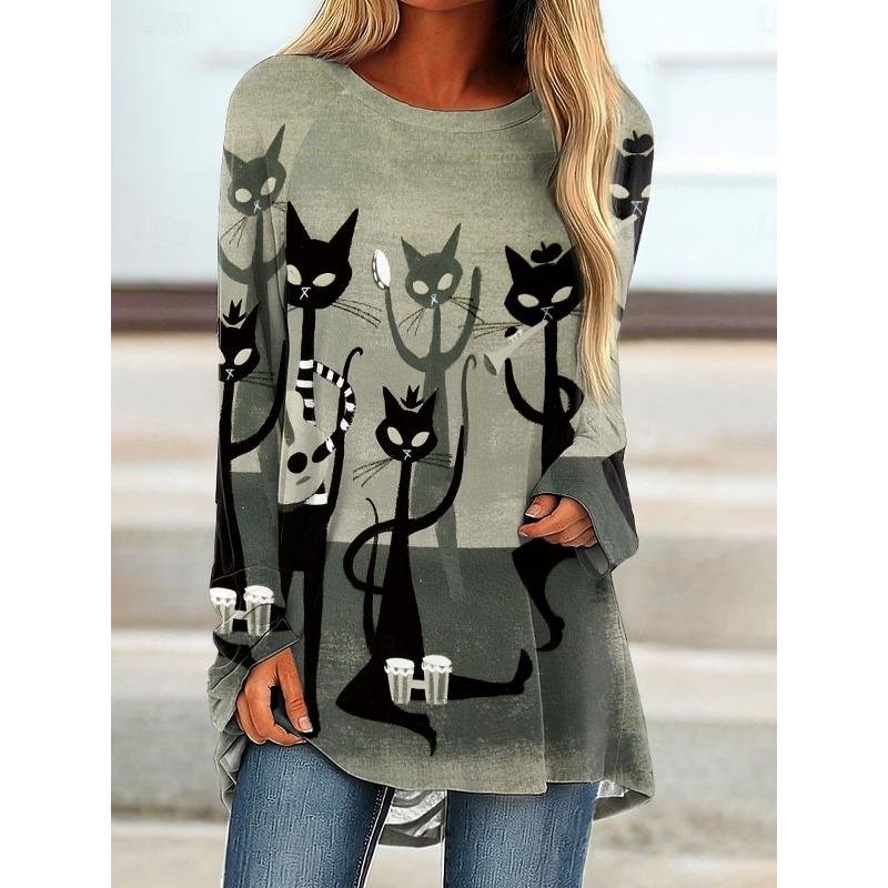 Women's T Shirt Black Cat Long Sleeve Graphic Animal Vintage Stylish Classic Long Sleeve Crew Neck Round Neck Long Tops