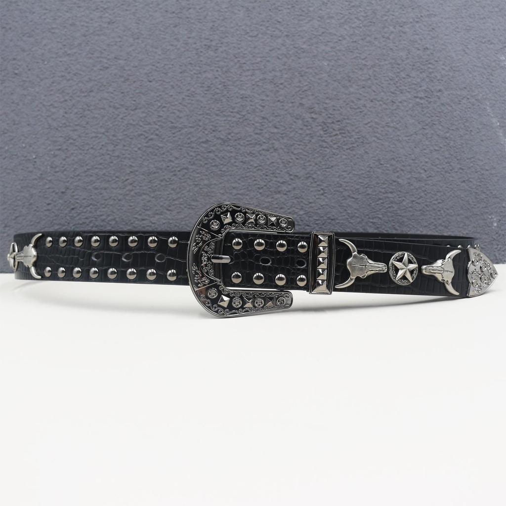 Crocodile Pattern Western Riveted Bull Head Leather Belt - Punk Y2K Unisex