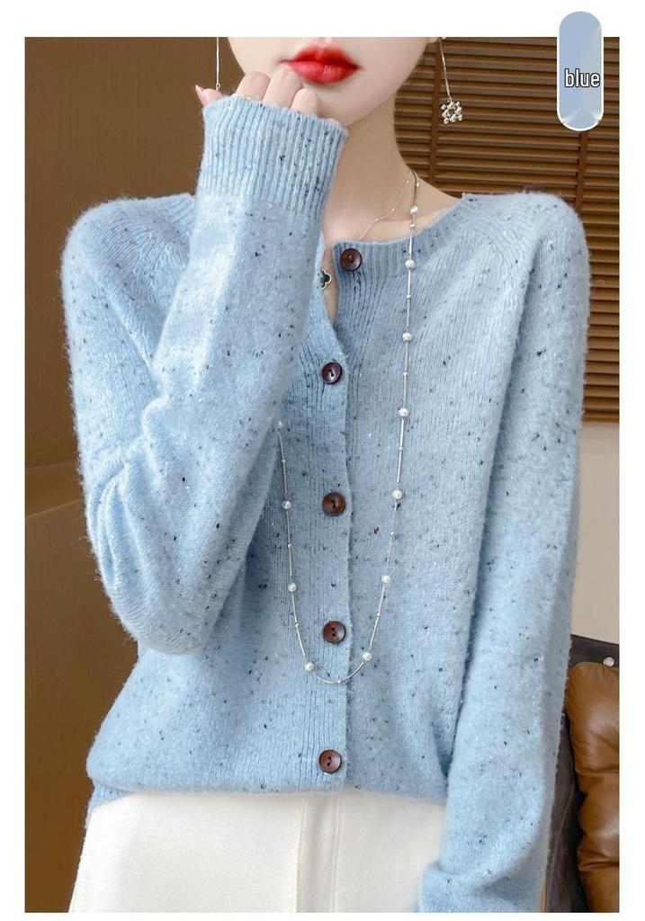 Women's 100% Pure Wool Round Neck Cardigan Sweater - Autumn/Winter Korean Style Knit Outerwear