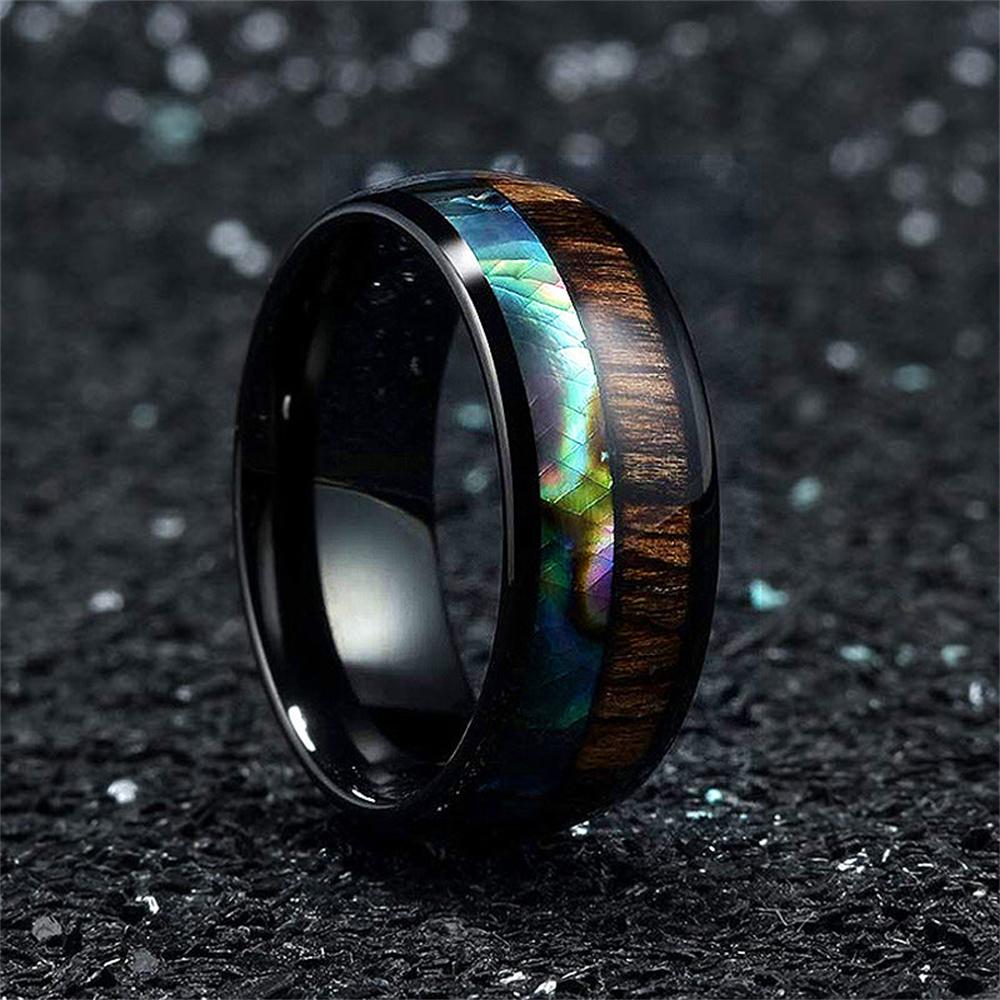 Fashion Men Black Stainless Steel Koa Wood Ring Inlay Colorful Abalone Shell Rings For Men Women Engagement Wedding Band