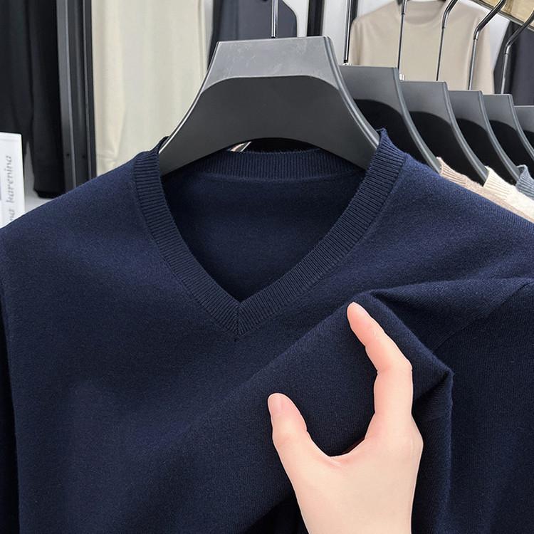 Men's Autumn and Winter Middle-aged Men's Dad Wear V-neck Versatile Solid-color Knitted Sweater Bottoming Shirt