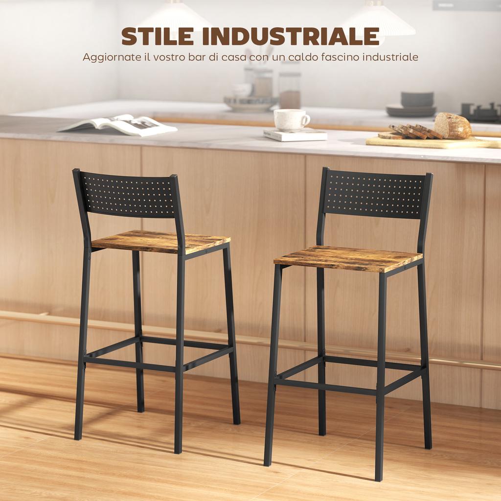 Set of 2 Bar Stools with Backrest and Integrated Footrest In Industrial Style, Rustic Brown