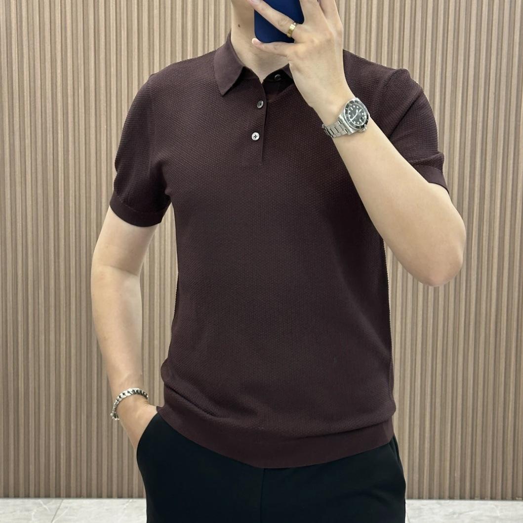 

Мужская трикотажная рубашка поло с коротким рукавом, с лацканами и узором «ананас», изысканный тренд, ощущение высокого класса, красивый 4XL темно-коричневого