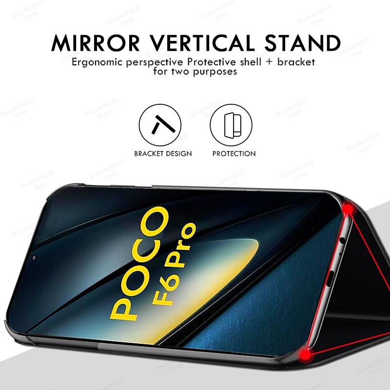 Plating Mirror Flip Phone Case For POCO F6 M6 X6 F5 X5 X3 X4 Pro 5G X3 NFC X4 F4 GT Kickstand Leather Cover For POCO M4 M3 Pro