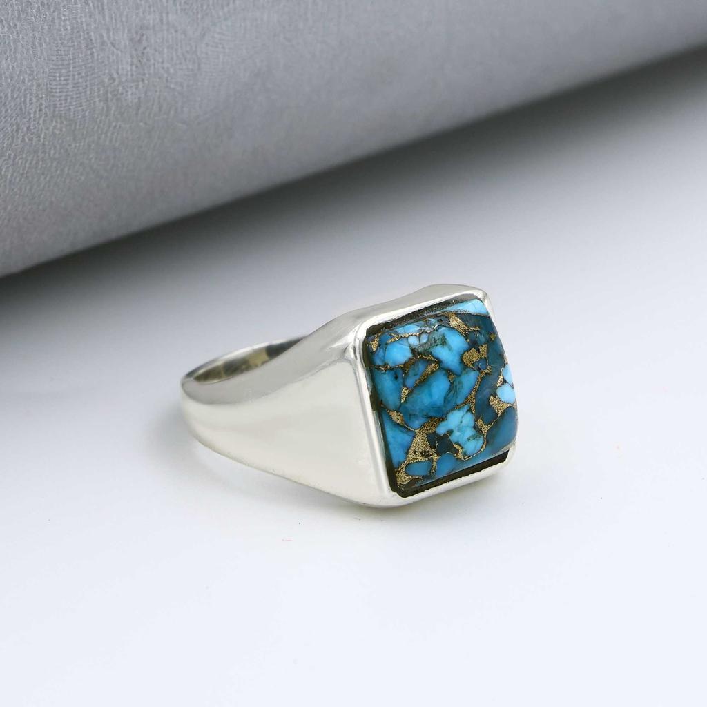 Blauer Kupfer Türkis Edelstein Ring, Massiver 925 Sterling Silber Ring, Geburtsstein Ring, Jubiläumsring, Herrenring