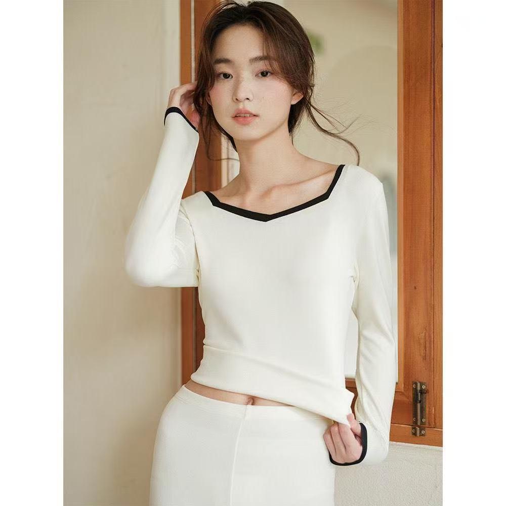 Autumn/Winter Ribbed Thermal V-Neck Slim Fit Color Block Women s Warm Top L [35-48 kg]