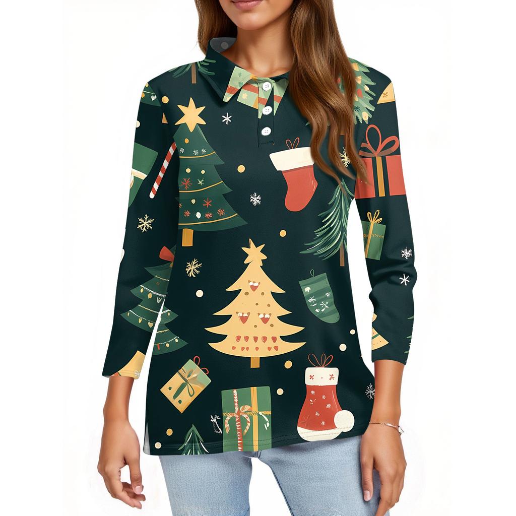 Women's Fashion Casual Lapel Short 3/4 Sleeve Christmas Print Shirt Women's Button Up Tops