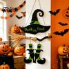 Rustic Halloween Sign Witch Hat Boot Sign, Hanging Trick or Treat Wall Decoration Decor for Home Room, Wooden Front Door Hanger Holiday Party, Or