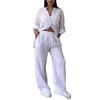 2Pcs/Set Women Shirt Pants Set Solid Color Long Sleeves Single-breasted V Neck Blouse Elastic Waist Loose Wide Leg Trousers Casual Commute Clothes
