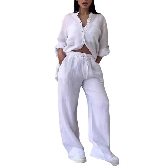 2Pcs/Set Women Shirt Pants Set Solid Color Long Sleeves Single-breasted V Neck Blouse Elastic Waist Loose Wide Leg Trousers Casual Commute Clothes