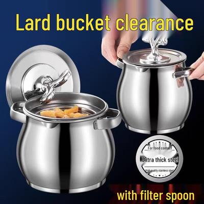 Double-Eared Stainless Steel Lard Pot with Lid - High-Temperature, Anti-Scalding Oil Filter Container.