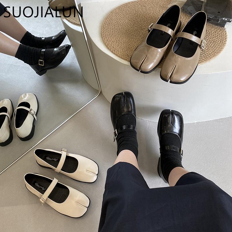 Fashion SUOJIALUN Spring New Brand Women Flat Shoes Fashion Split Toe Laofer Shoes Soft Flat Heel Ladies Casual Outdoor Mary Jane Shoes