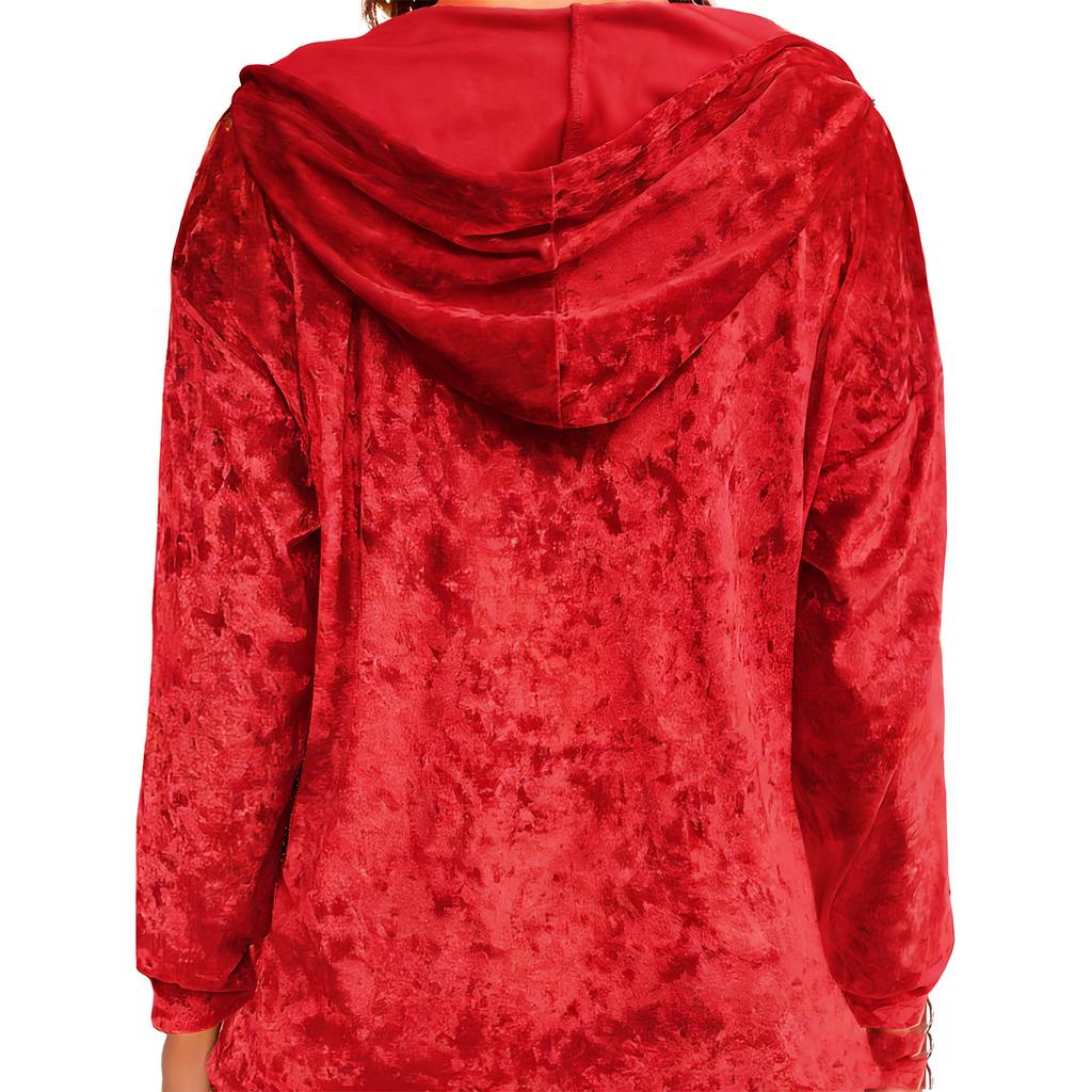 Ladies' Loose And Comfortable Gold Velvet V-neck Dawstring Hooded Button Up Oversized Top