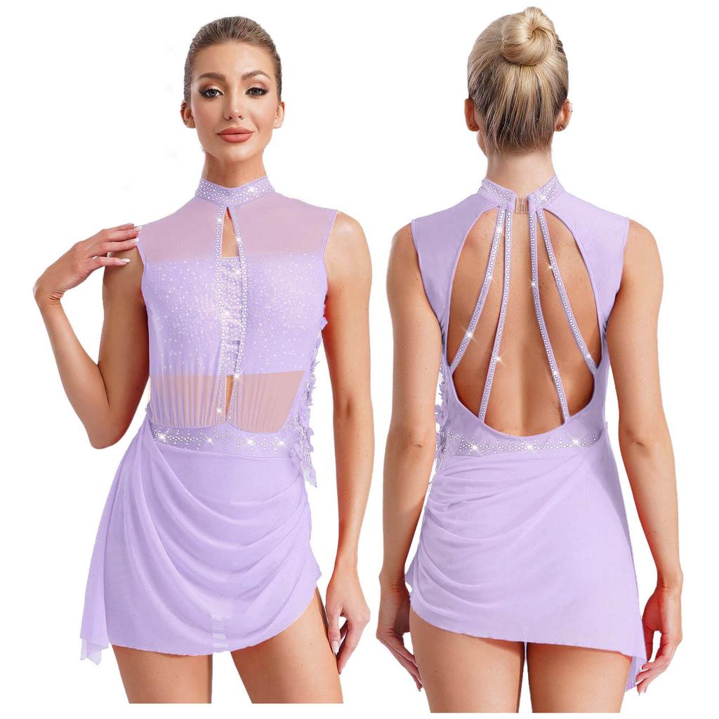 Women Figure Skating Ballet Dance Dresses Sleeveless Backless Sheer Mesh Overlay Shiny Rhinestones Asymmetrical Dress Dancewear