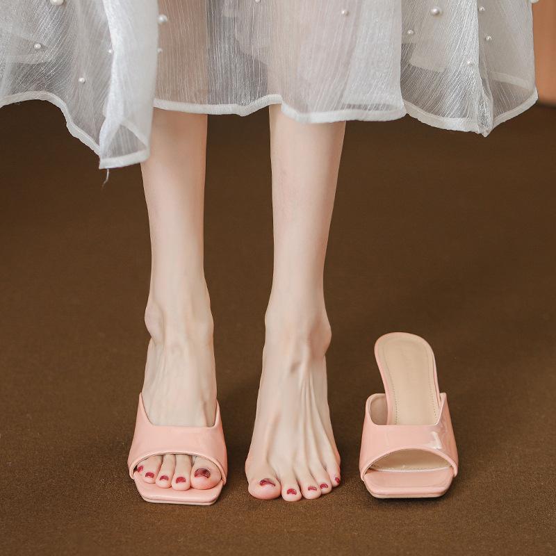 2025 Spring and Summer European and American Style Patent Leather Light Mouth Open-toed Stiletto High Heel One-word Sandals Women Huizhou Sandals High