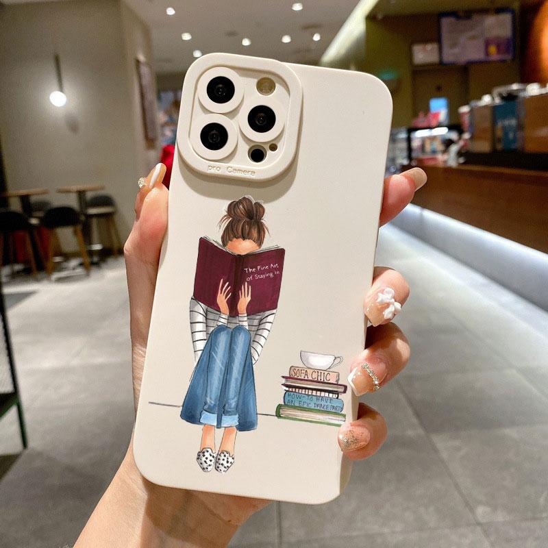 Read Book And Coffee Girl Phone Case Cute Cover for Iphone 7 8 Plus SE 2020 13 14 12 11 Pro Max X XS XR Soft Silicone Back Cover