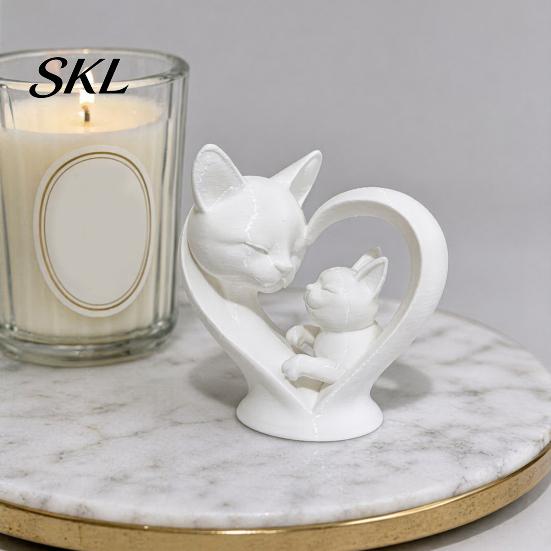 Cat Parent Child Ornament Mother Baby Figurine, 3D Printed Heart Sculpture for Desk Decor, Healing Gift Modern Art Statue Living Room Study,