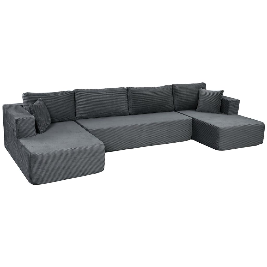 Modular U-Shaped Sofa for 4 People, 2 Chaise Longues, 2-Seater, 6 Cushions, 369 x 152 x 78 cm, Grey