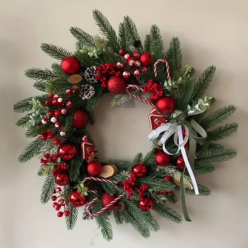 35cm Christmas Wreath with Pine Cypress & Bell - Door Hanging Decoration Pendant, Party Scene Ornament & Holiday Gift