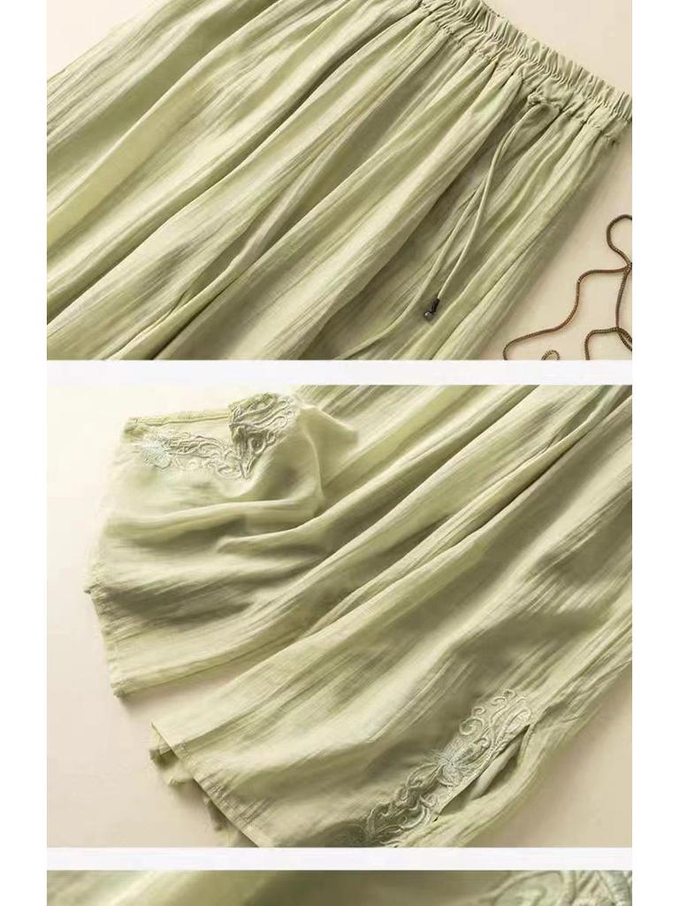 Retro Embroidered Tencel Wide-Leg Pants - Women’s High-Waist Summer Casual with Slit Tassel Details.