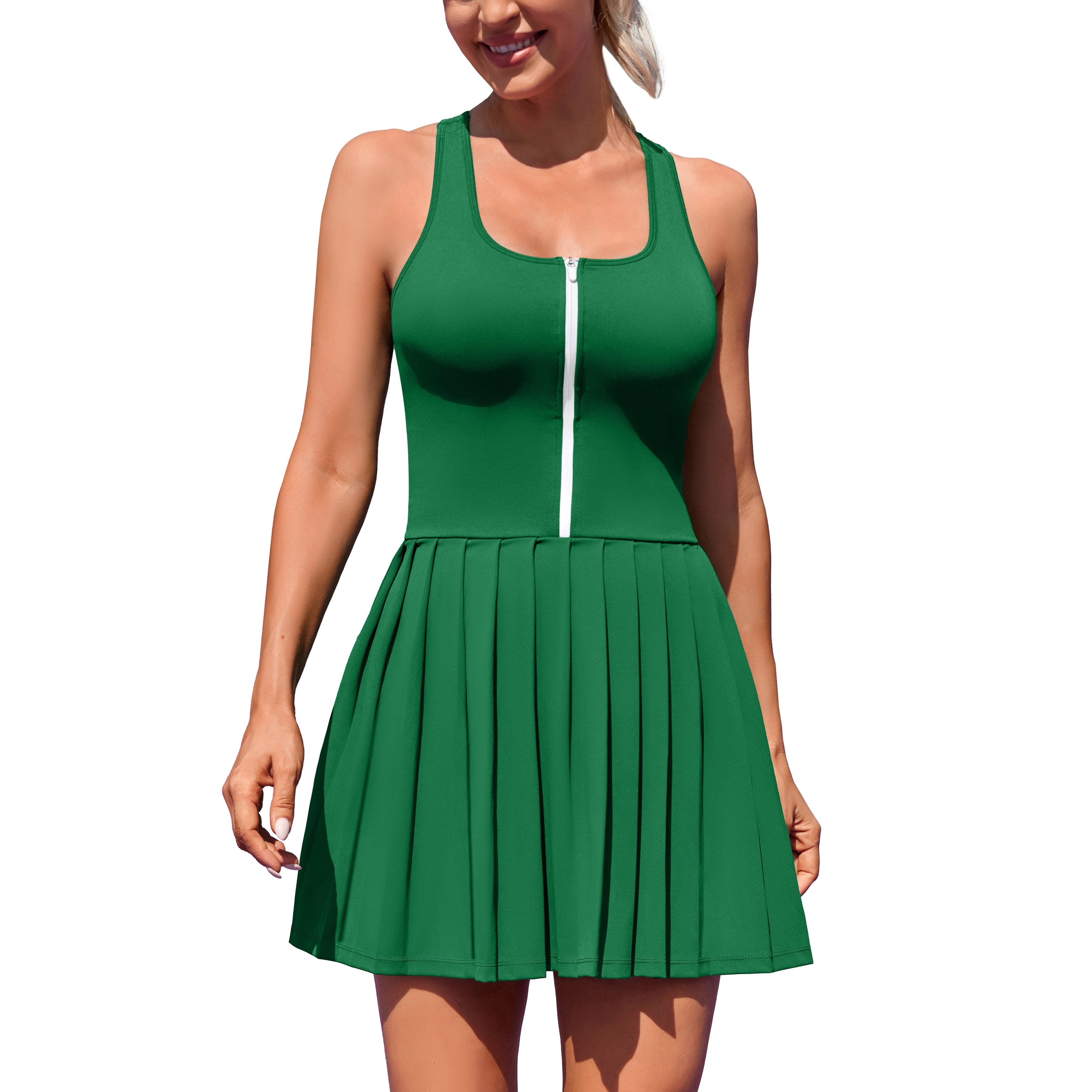 

Charmleaks Women s Tennis Dress with Built in Bra and Shorts Front Zip Pleated Athletic Dress Seamless Golf Dress XS зелений