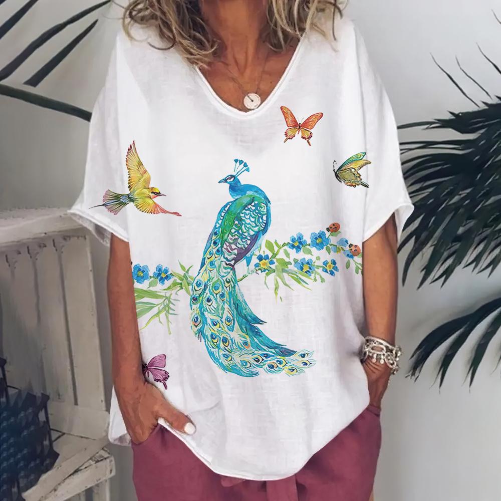 Fashion Women's T Shirt V-Neck Short Sleeve Top Women 3d Peacock Graphics Summer Plus Size Everyday Casual Female Clothing 5XL