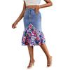 Women's Denim Mermaid Skirt with Colorful Print Hem Frayed Asymmetrical Bottom