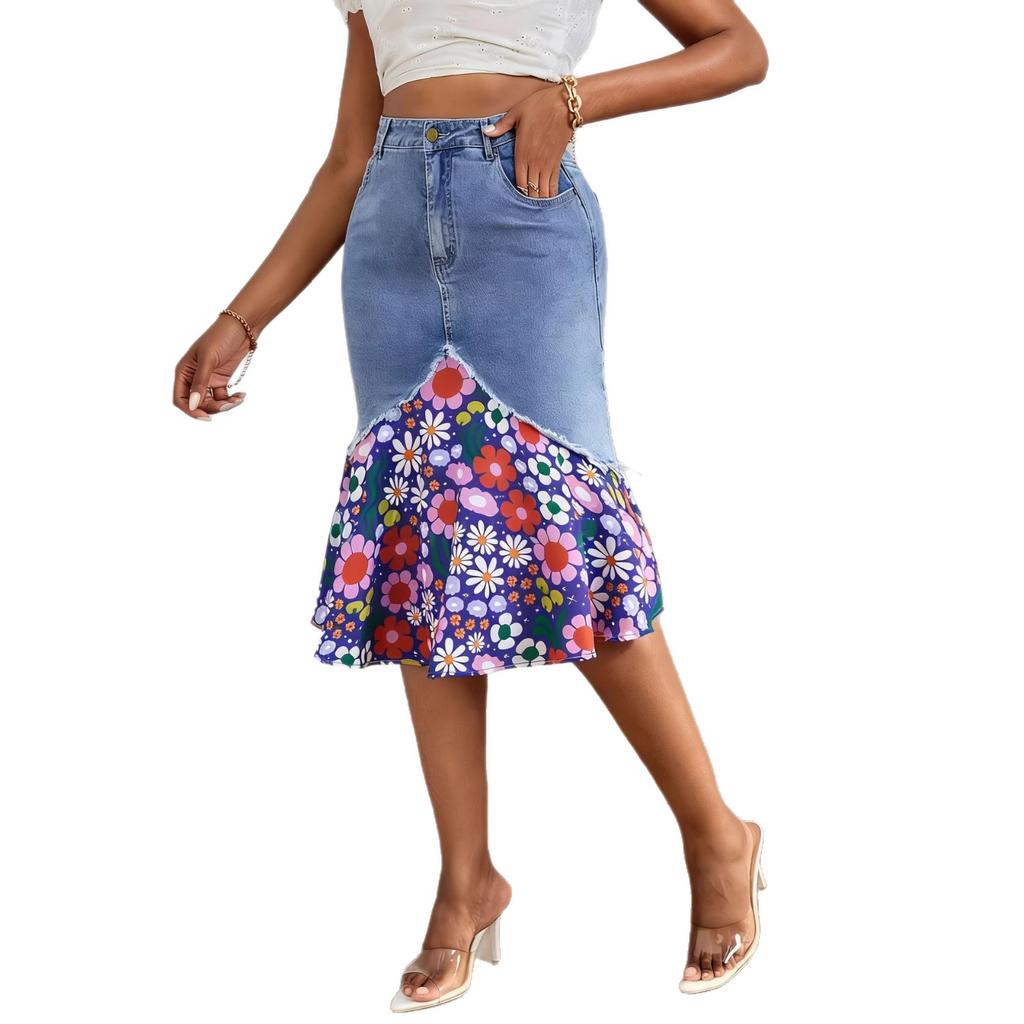 Women's Denim Mermaid Skirt with Colorful Print Hem Frayed Asymmetrical Bottom