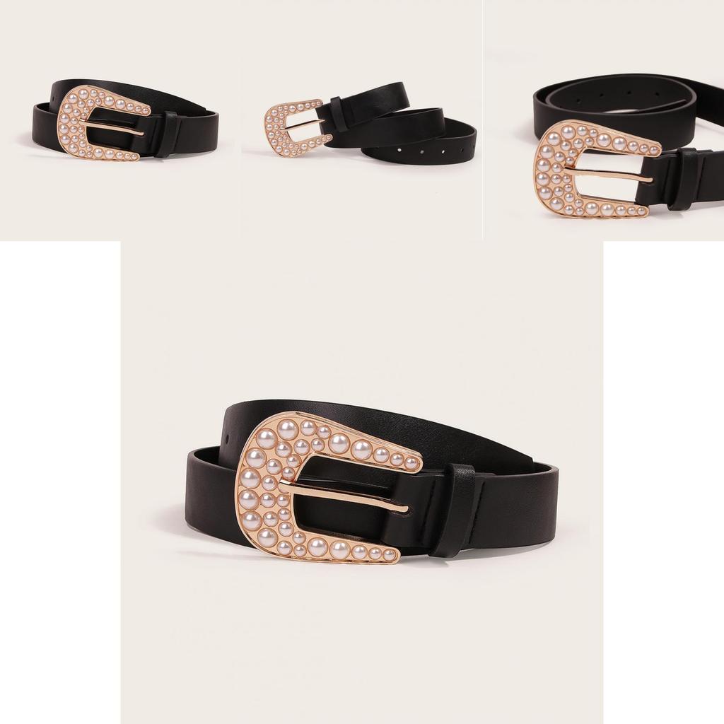 Classic Fashion Casual Leather Belt For Women With Pearl Decor For Spring