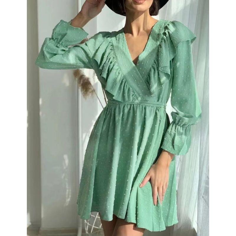 Fashion Elegant Ruffle Dress V-neck Puff Sleeve A- line Skirt V-neck Bubble Sleeve Dress